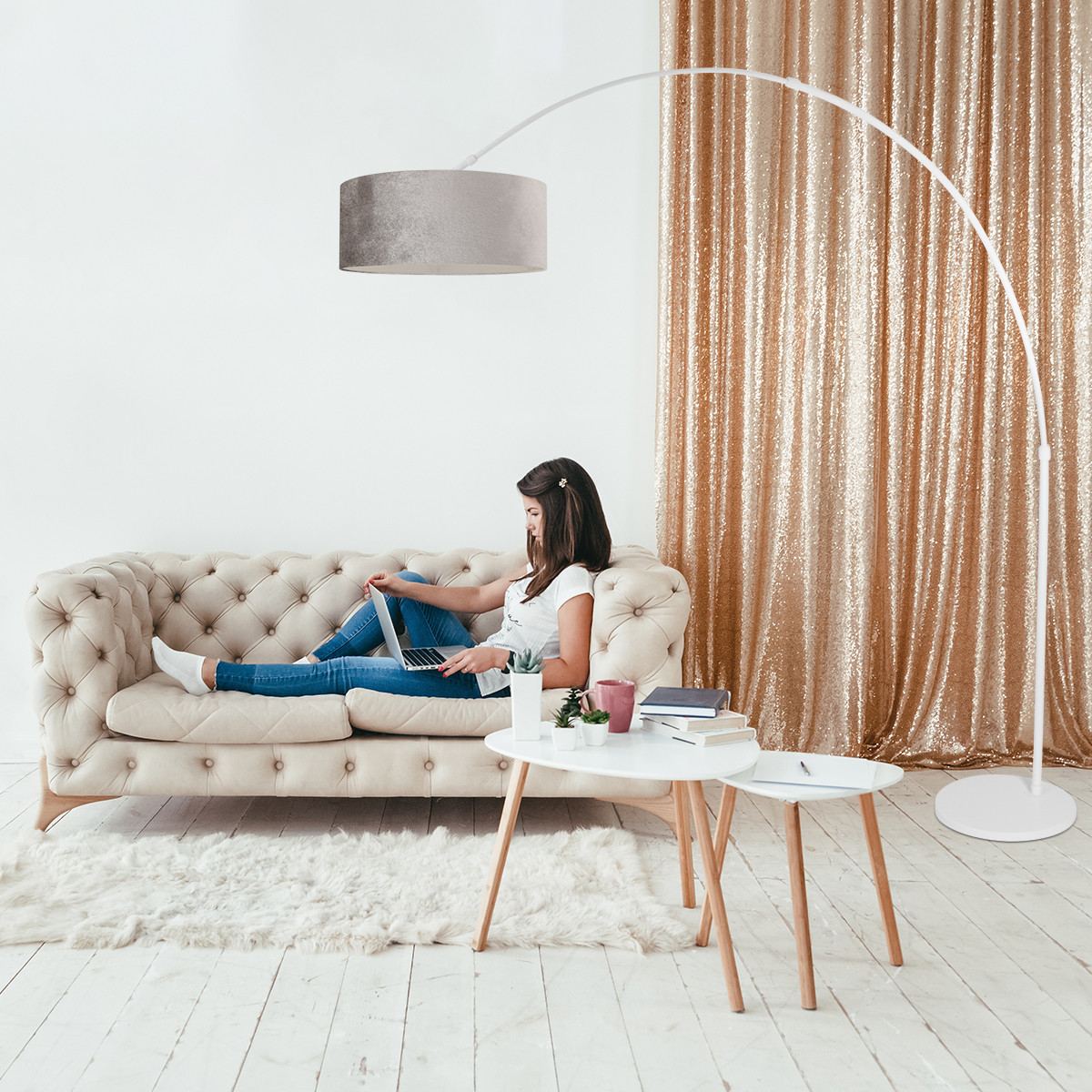 Witte vloerlamp Sparkled Light 7172W met een grijs velours kap - Afbeelding 3